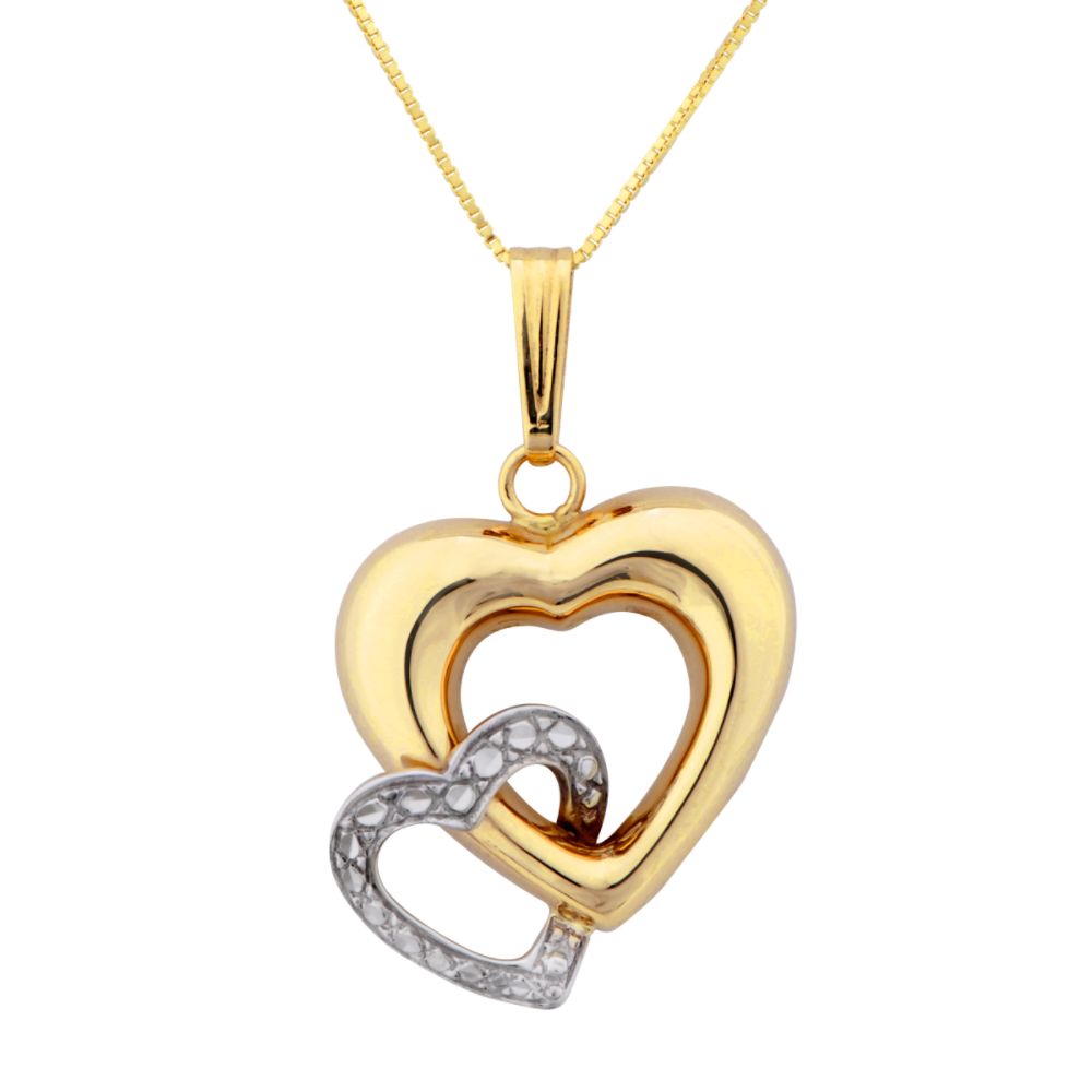 Puff Heart with Interlocking Heart Pendant. 14K Yellow and White Gold