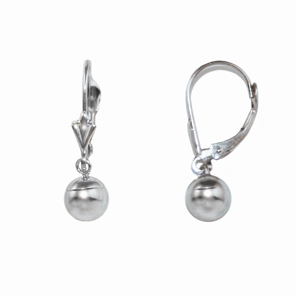 6MM Ball on Leverback Dangle Earrings. 14K White Gold