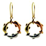 Jacmel Jewelry Inc. Tricolor Dolphin Hoop Earrings. 10K Rose, White and Yellow Gold