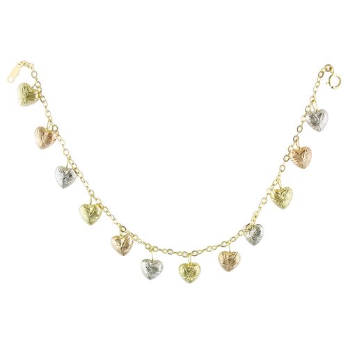 10K Tricolor Gold Heart Dangle Bracelet
