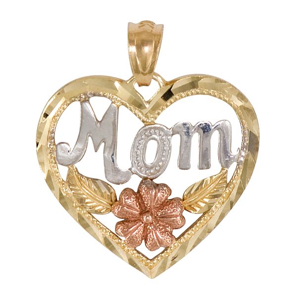 "Mom" Heart Charm. 10K Pink, White and Yellow Gold