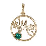 #1 Mom and Created Emerald in Circle Charm. 10K Yellow Gold