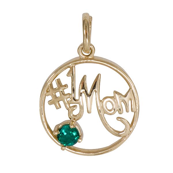 #1 Mom and Created Emerald in Circle Charm. 10K Yellow Gold