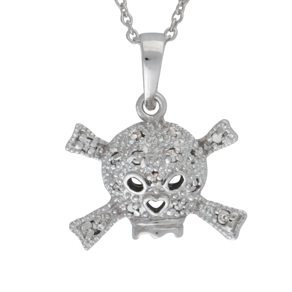 1/10 ct. tw.* Diamond Skull and Crossbones Pendant. Sterling Silver