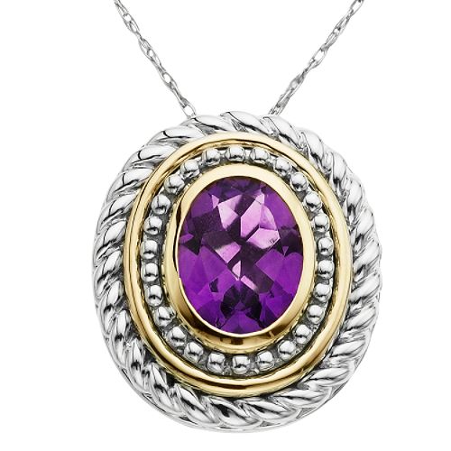 Amethyst Oval Pendant. 10K Yellow Gold and Sterling Silver