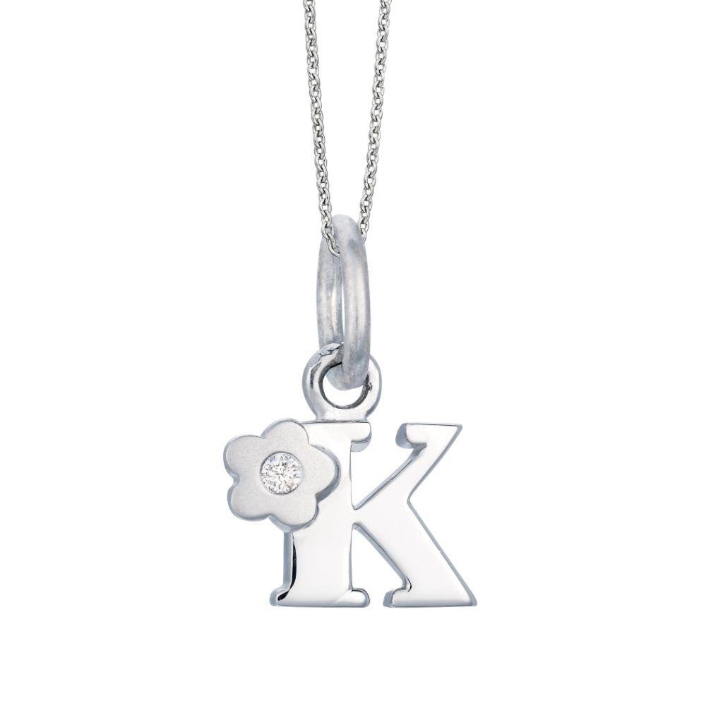 Darling Diamonds Initial "K" Pendant with Diamond Accent Flower. Sterling Silver