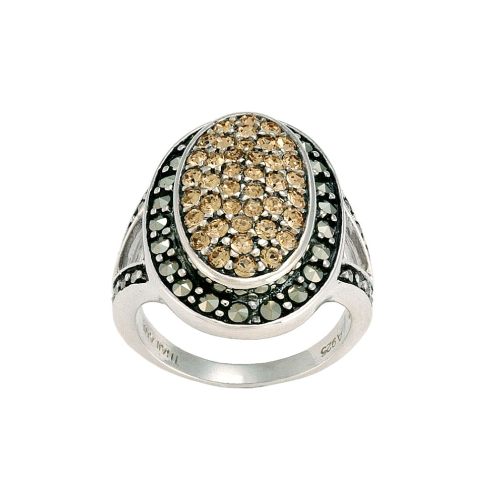 Victoria Crowne Victoria Crowne Marcasite Pave and Champagne Crystal Oval Ring. Sterling Silver