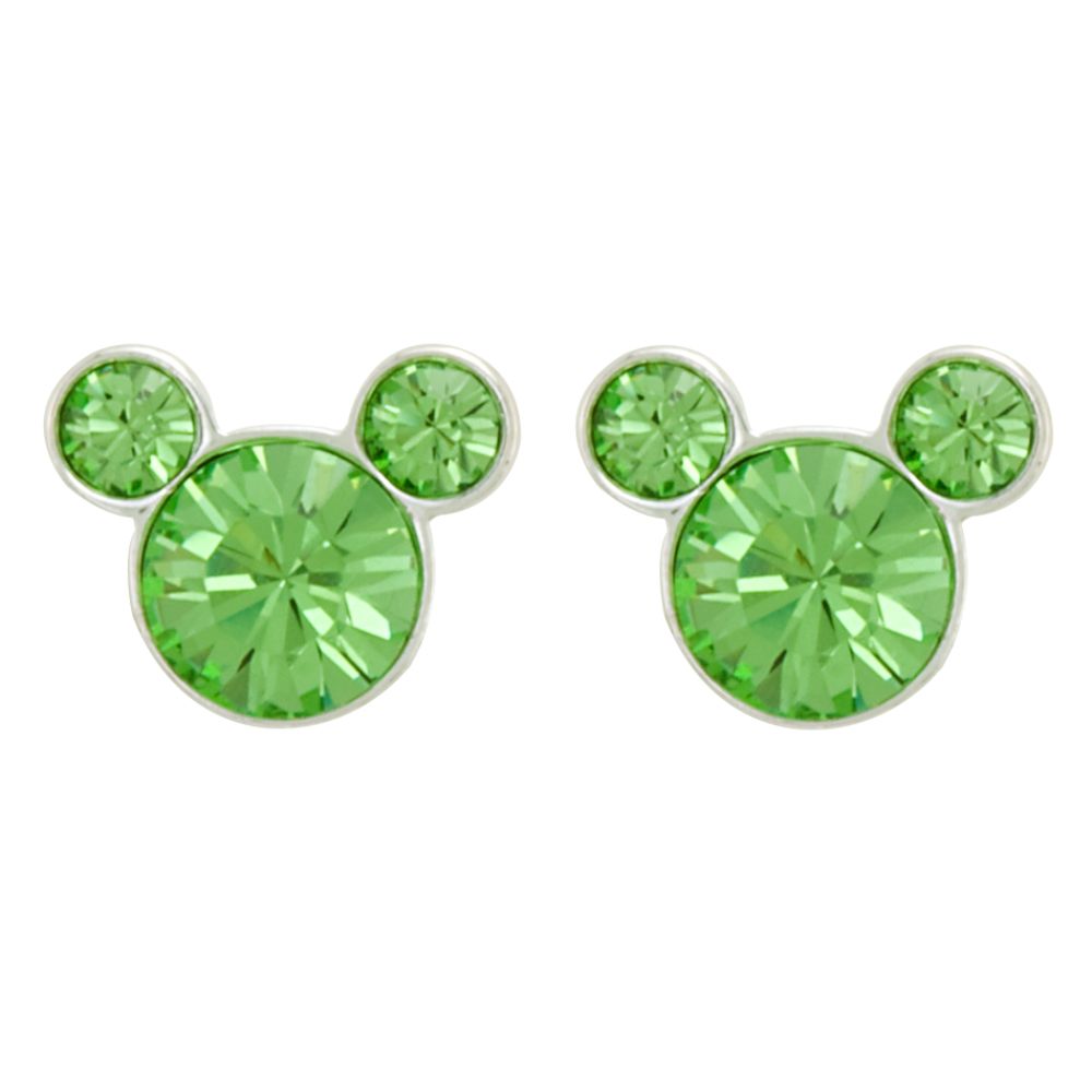 Disney Sterling Silver and Peridot Crystal Birthstone Mickey Stud Earrings - August