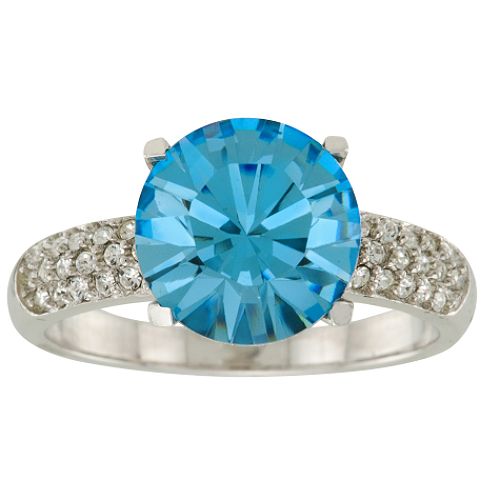 Crystalized By Swaro Aquamarine and Clear Crystal Ring in Rhodium over Sterling Silver