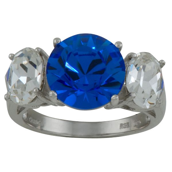Crystalized By Swaro Sapphire and Clear Swarovski Crystal Ring in Rhodium over Sterling Silver