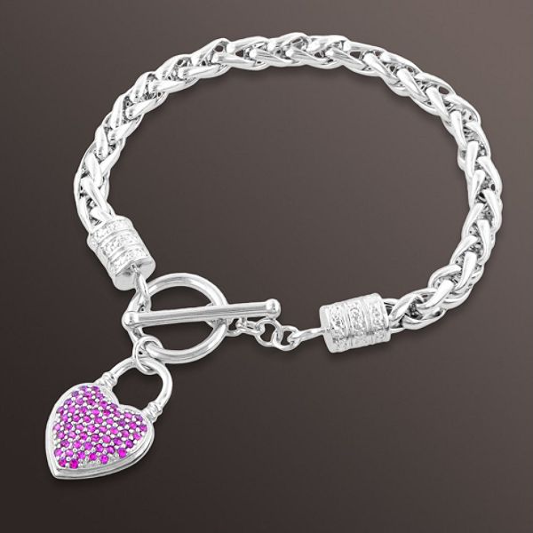 Sterling Silver Bracelet with Red Cubic Zirconia Heart Charm