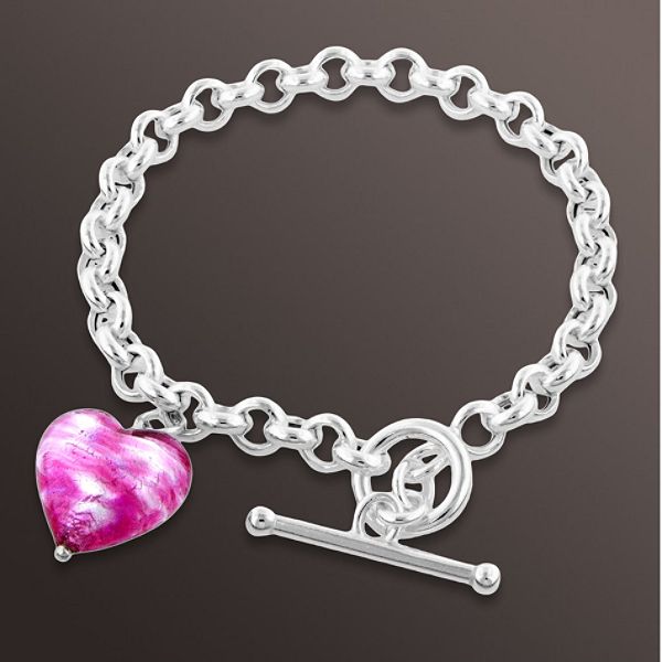 Sterling Silver Bracelet with Pink Glass Heart Charm