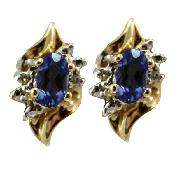 Oval Ceylon Sapphire and Diamond Earrings. 10K Yellow Gold