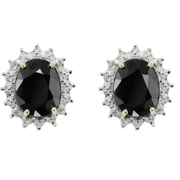 Black Sapphire and Diamond Stud Earrings. 10K Yellow Gold