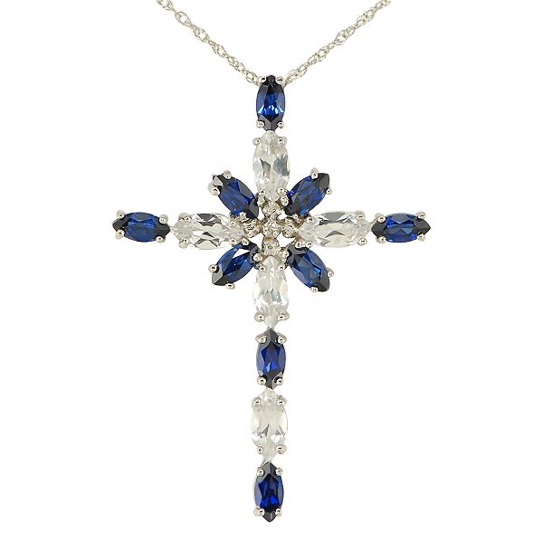 Blue and White Sapphire and Diamond Cross Pendant. 10K White Gold