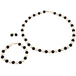 World Pacific Onyx and Pearl Necklace, Bracelet & Stud Earring Set. 10K Yellow Gold