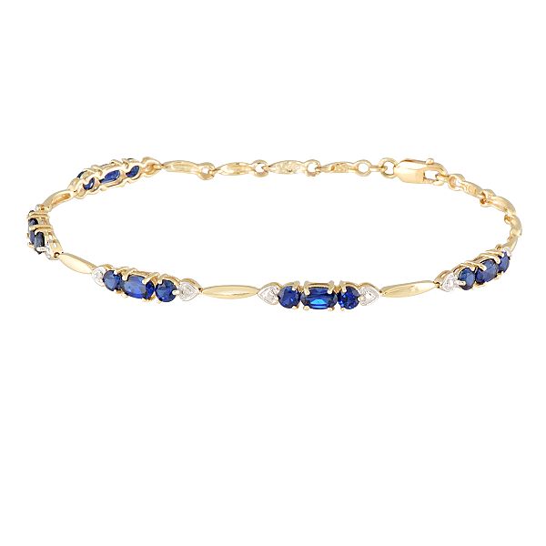 Blue Sapphire and Diamond Link Bracelet. 10K Yellow Gold