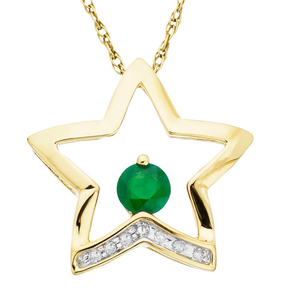 Emerald and Diamond Open Star Drop Pendant. 10K Yellow Gold