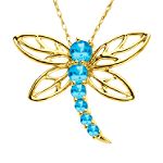 Andin International Blue Topaz Dragonfly Pendant. 10K Yellow Gold