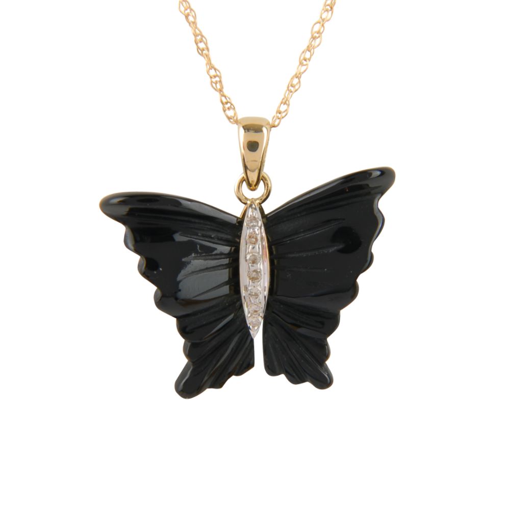 Black Agate and Diamond Butterfly Pendant. 10K Yellow Gold