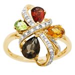 Andin International Mixed Semi Precious Gem and Diamond Cluster Ring. 10K Yellow Gold