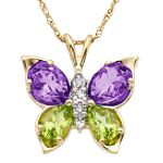 Andin International Amethyst, Periodot and Diamond Butterfly Pendant. 10K Yellow Gold