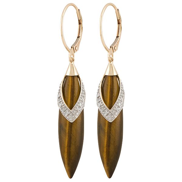 Tiger Eye and Diamond Earring. 10K Yellow Gold