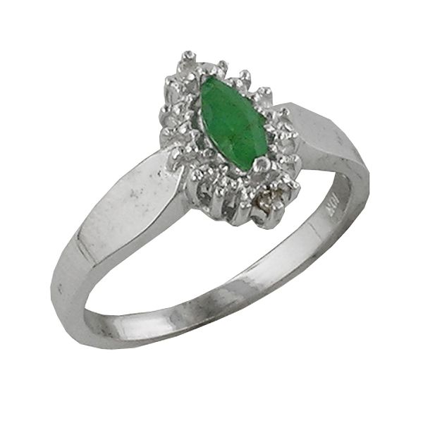 Emerald and Diamond Marquise Ring. 10K White Gold