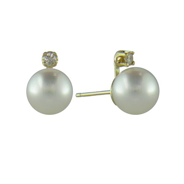 14K 7-7.5mmAkoya Pearl and Diamond Stud Earring In Yellow Gold