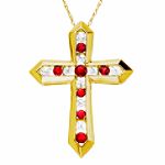 Andin International Created Ruby and White Sapphire Cross Pendant. 10K Yellow Gold