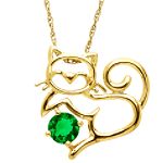 Lab-created Emerald Cat Pendant. 10K Yellow Gold