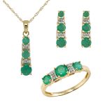 EEAC Inc Emerald and Diamond Ring, Earring and Pendant Set. 10K Yellow Gold