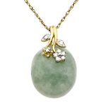 Jade and Diamond Flower Accent Drop Pendant. 10K Yellow Gold