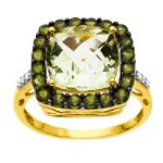 Andin International Tourmaline, Amethyst and Diamond Cushion Ring. 10K Yellow Gold