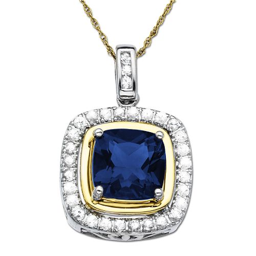 SG Created Sapphire & White Sapphire Pendant. 14K Yellow Gold & Sterling Silver