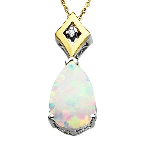 SG Created Opal and Diamond Teardrop Pendant. 14K Yellow Gold and Sterling Silver