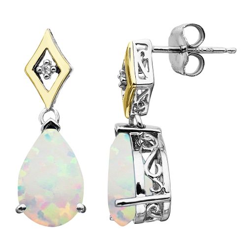 SG Created Opal and Diamond Drop Earrings. 14K Yellow Gold and Sterling Silver