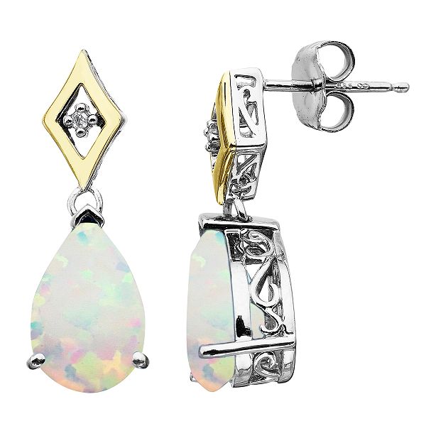 SG Created Opal and Diamond Drop Earrings. 14K Yellow Gold and Sterling Silver
