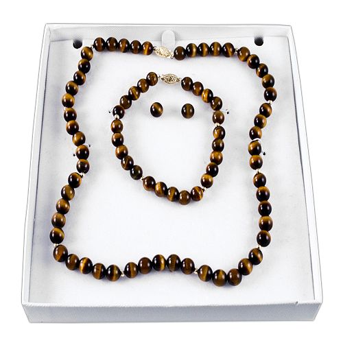8mmTiger Eye Necklace, Bracelet and Earring Set. 10K Yellow Gold