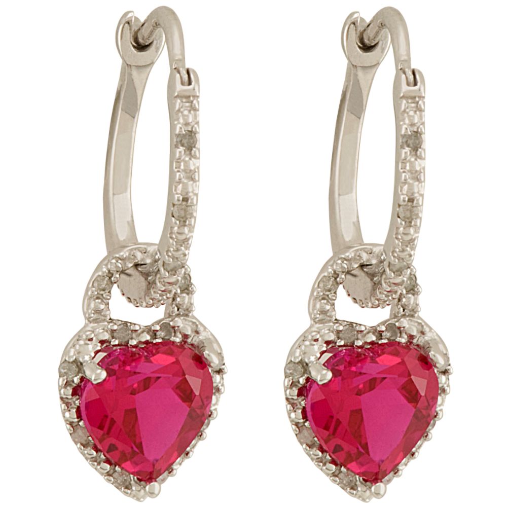 Created Ruby and Diamond Heart Hoop Earring. 10K White Gold