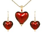 Venetian Glass Red Heart Pendant and Earring Set. 10K Yellow Gold