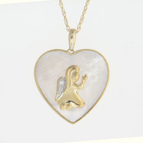 Mother-of-Pearl and Diamond Heart with Angel Pendant. 10K Yellow Gold