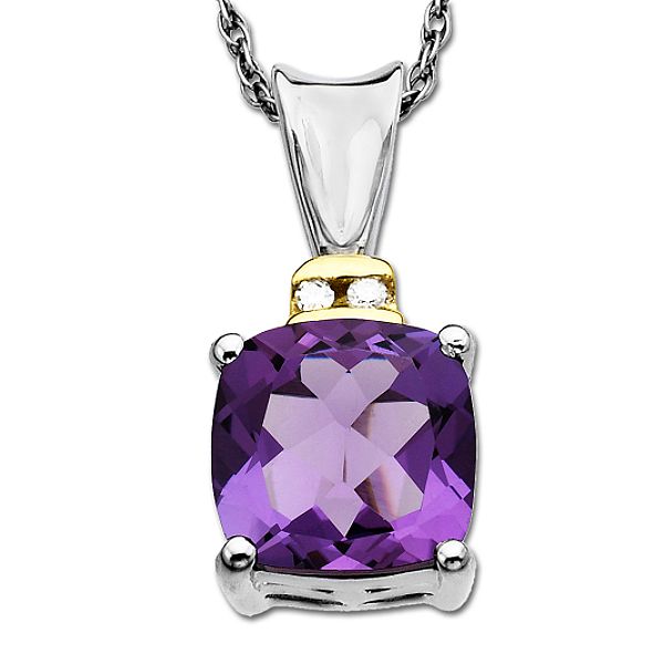 SG Amethyst and Diamond Accent Pendant. 14K Yellow Gold and Sterling Silver