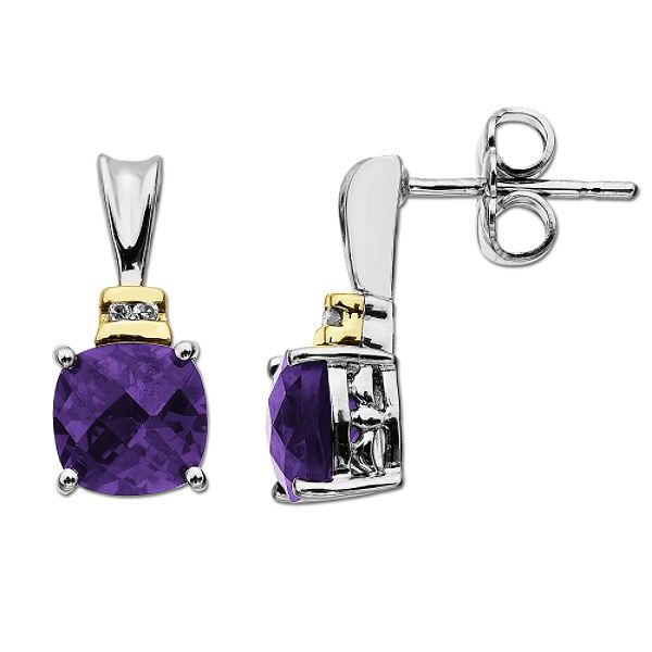 SG Amethyst and Diamond Accent Earring. 14K Yellow Gold and Sterling Silver