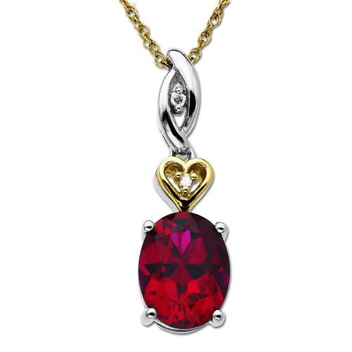 SG Created Ruby and Diamond Accent Pendant. 14K Yellow Gold and Sterling Silver