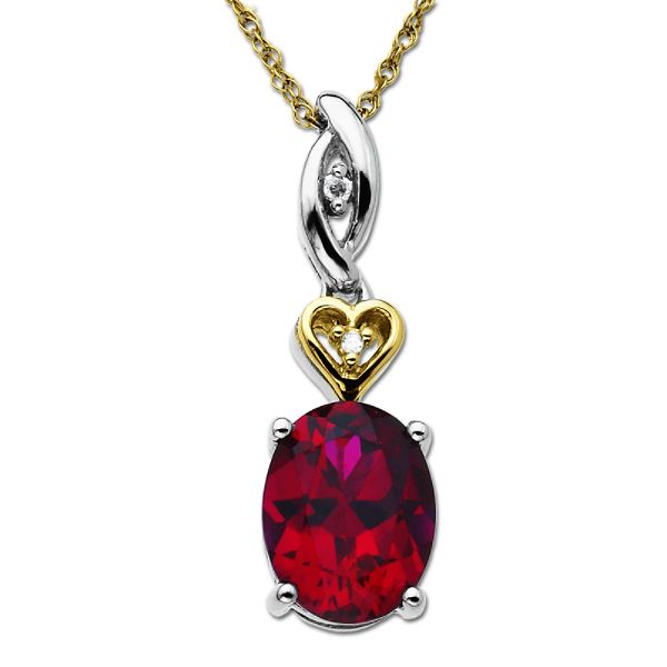 SG Created Ruby and Diamond Accent Pendant. 14K Yellow Gold and Sterling Silver