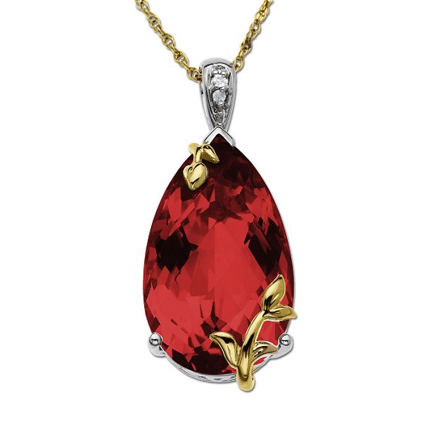SG Created Ruby and Diamond Accent Pendant. 14K Yellow Gold and Sterling Silver