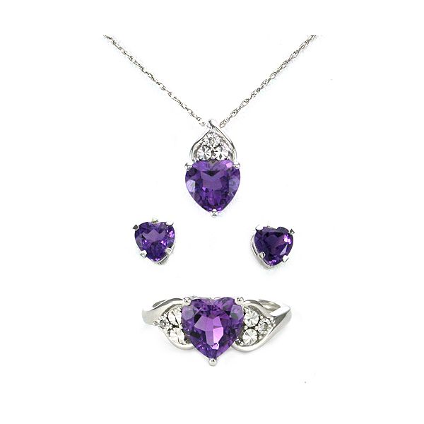 3-Piece Created Amethyst Heart Pendant, Earring & Ring Set in Sterling Silver