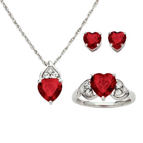 Created Ruby and Diamond Pendant, Earring & Ring Set in Sterling Silver