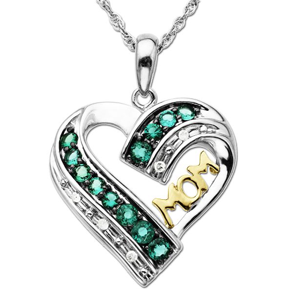 SG Emerald and Diamond Mom Heart Pendant in 14K Gold and Sterling Silver